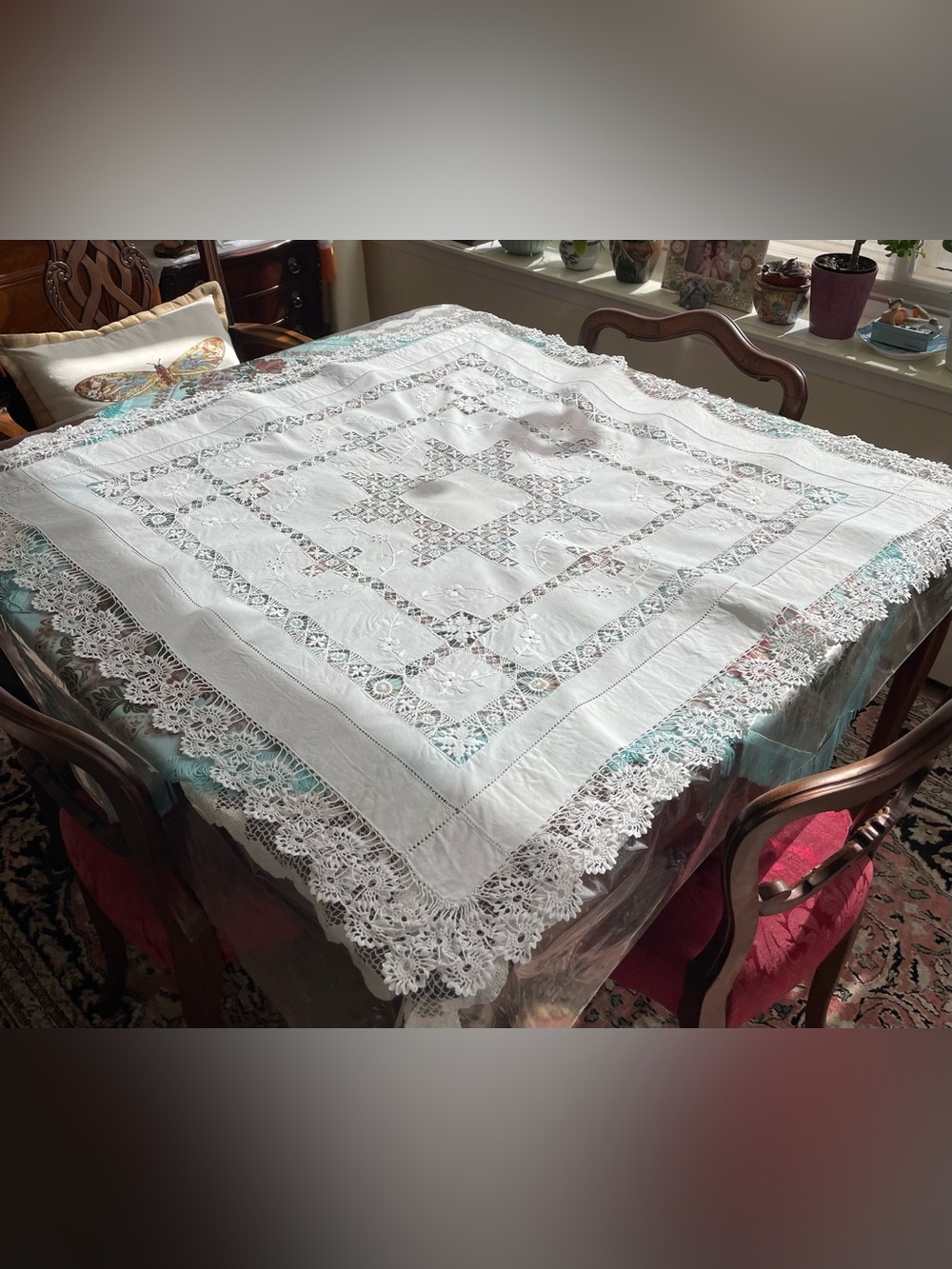 Antique White Embroidered Lace Handmade Tablecloth with Floral Cutwork 41x41 in